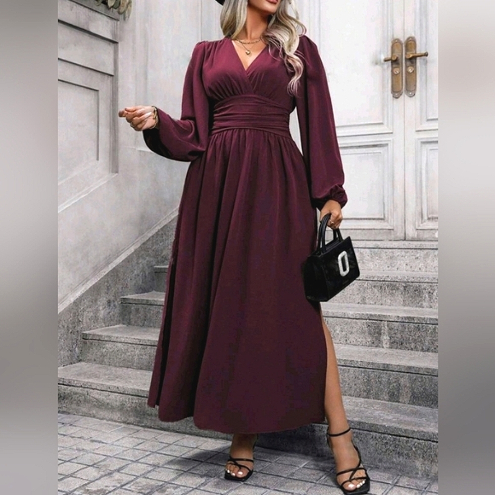 NEW Chic Ruched Waist Lantern Sleeve Maxi Dress PLUS Burgundy Wine Red Purple - Picture 2 of 10